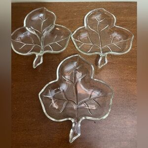 3 piece vintage glass leaf dishes 
1 with dividers and the other 2 without